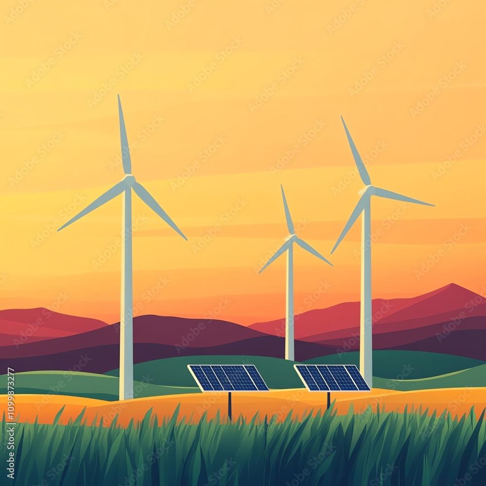 Fototapeta premium Sunset landscape with wind turbines and solar panels.