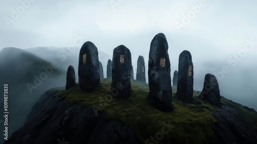 Mysterious standing stones with cryptic symbols placed in a foggy mountainous landscape, surrounded by mist under a cloudy sky. photo