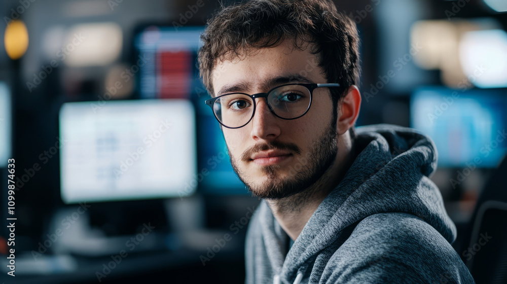 Obraz premium Portrait of a focused IT specialist at his computer workstation
