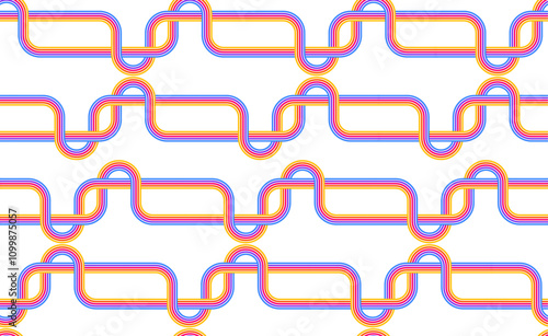 Abstract colorful retro pattern of lines on white background. Curved parallel lines, meditation, life balance, river stream, mid-century minimalist, modern art, wall poster, rainbow, wall poster.