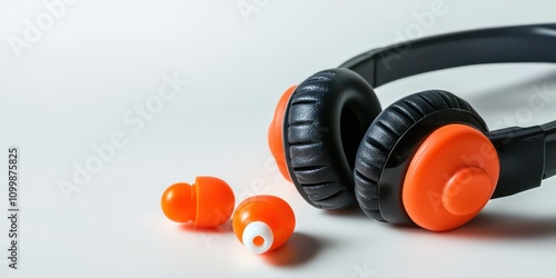 Close-up of safety earplugs and earmuffs on a white background.