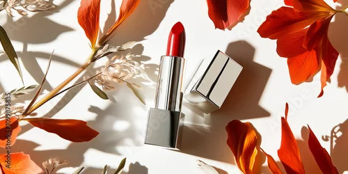 Fototapeta Elegant Red Lipstick Surrounded by Autumn Leaves and Shadows