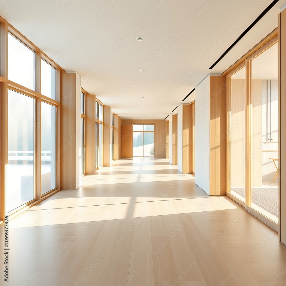 Fototapeta premium Clean, modern hallway blending Japanese and Scandinavian aesthetics.