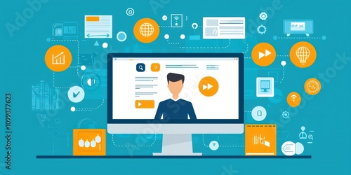 Wallpaper Mural Customer service agent providing online support through a computer, with chat interface and support icons on-screen. Torontodigital.ca