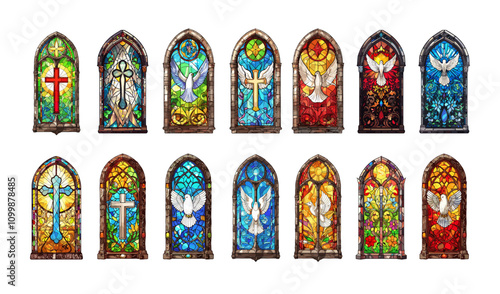 Cartoon stained glass windows. Church old traditional religion sacred glazings with cross and jesus, holy spirit white dove god symbol, chapel interior christian elements isolated illustrations