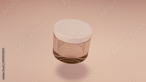 Glass jar with white lid rotates isolated on warm background. Mock up bottle for cosmetics. 3D illustration