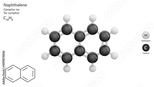 Molecule: Naphthalene. Fumigant. Molecular structure. Formula: C10H8. Chemical model: Ball and stick. White background. 3D illustration. photo