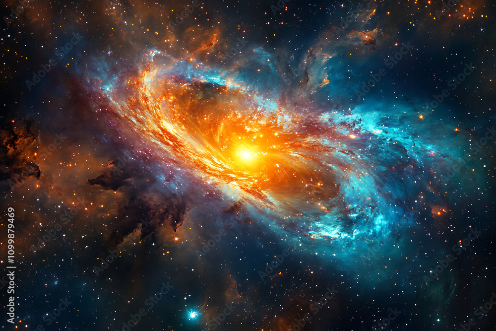 A vibrant cosmic scene depicting a swirling galaxy with bright colors and stars. A vibrant cosmic scene depicting a swirling galaxy with bright colors and stars.