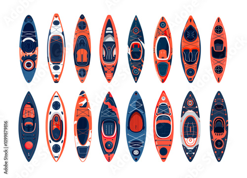 Cartoon top view kayaks. Boating paddling canoes, water outdoor adventure sport activity vessels watercraft , extreme waterfall competition boats isolated vector illustrations