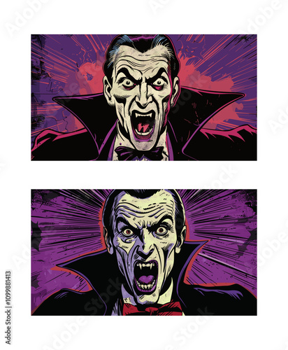 Cartoon vampire portrait. Old angry elegant man with open mouth and fangs, classical horror nosferatu gentlemen, blood sucker lord dracula character in retro comic pop art style, vector posters