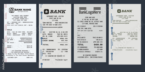 Collection of Bank Receipt. Set of Receipt Template Vector with Different Layout and Paper Color
