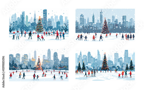 Cartoon winter city park landscape. Man woman with kids glide on big ice rink recreation area, people crowd skates together, christmas xmas snowy family vacations vector illustrations