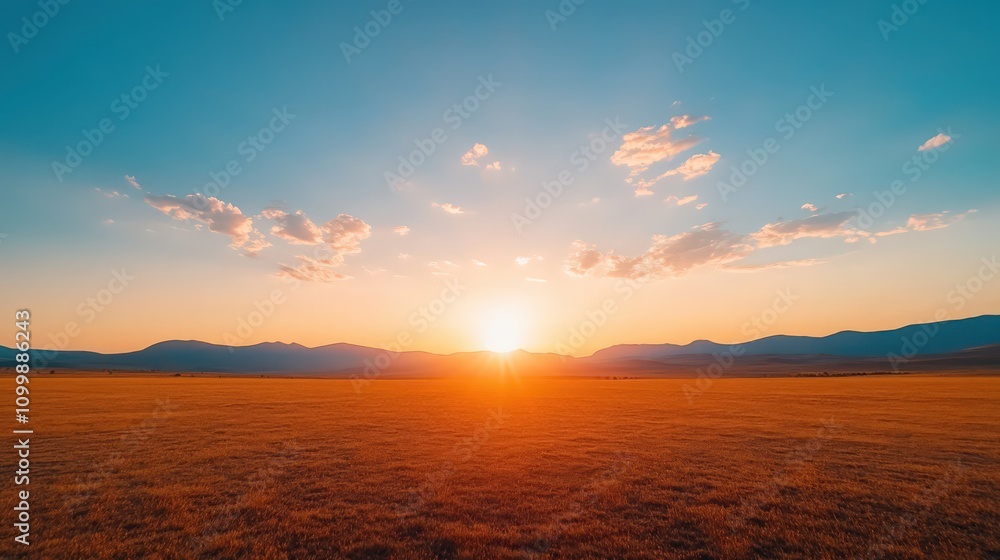 Fototapeta premium A large, empty field with a bright orange sun in the sky