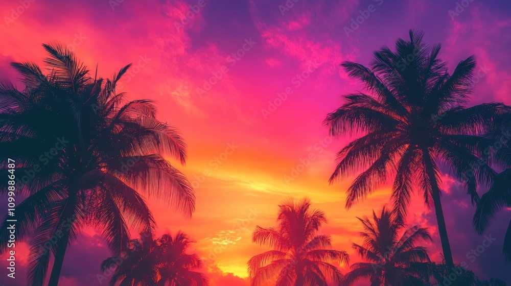 Obraz premium Vibrant Sunset Silhouette Tropical Palm Trees