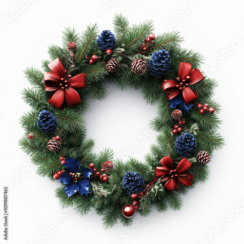 Christmas wreath in red and green colors isolated on transparent or white background