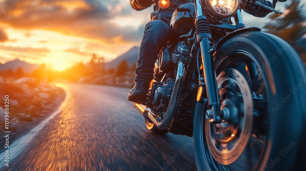 Naklejka premium A person riding a motorcycle on an open road through scenic mountains, motion blur, sunset