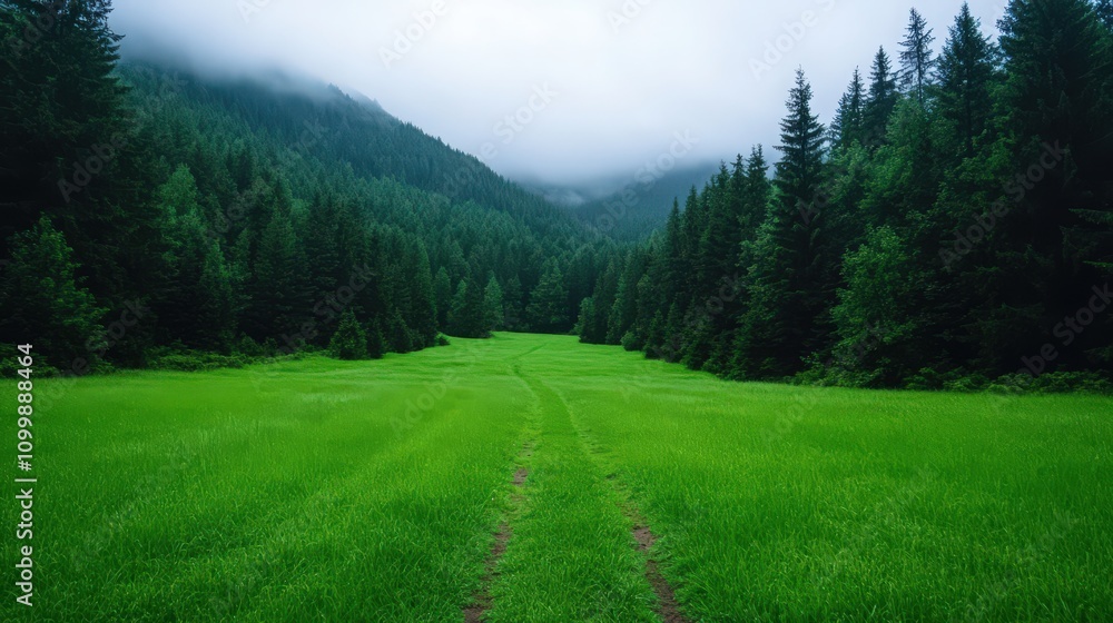 Fototapeta premium A lush green field with a path running through it