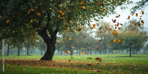 Trees bending under strong winds in an open park, with leaves and debris flying around. photo