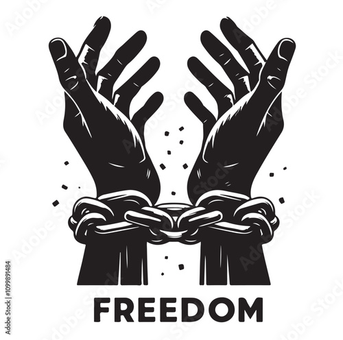 A pair of hands chained to a chain with the text words freedom. vector illustration.