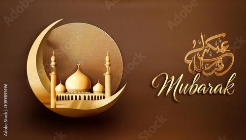 Eid Mubarak Muslim art greetings with golden mosque and brown backgrou
