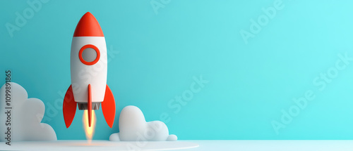 Rocket launching into blue sky space exploration digital illustration futuristic environment side view innovation concept