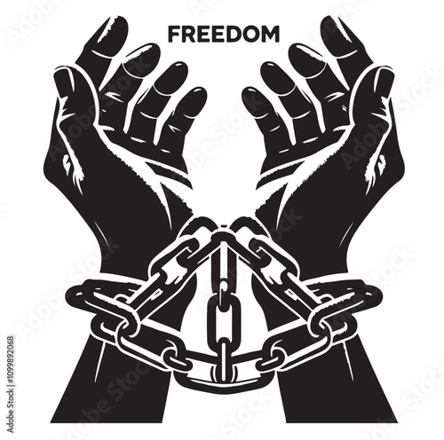 A pair of hands chained to a chain with the text words freedom. vector illustration.