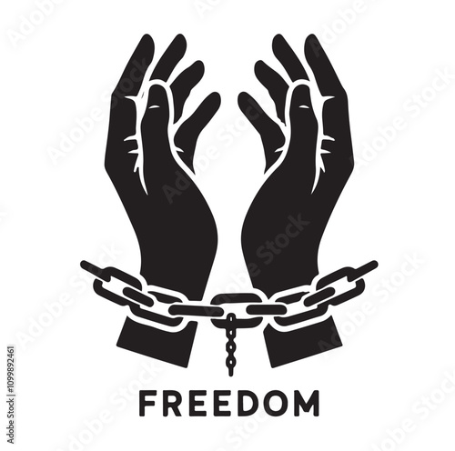 A pair of hands chained to a chain with the text words freedom. vector illustration.