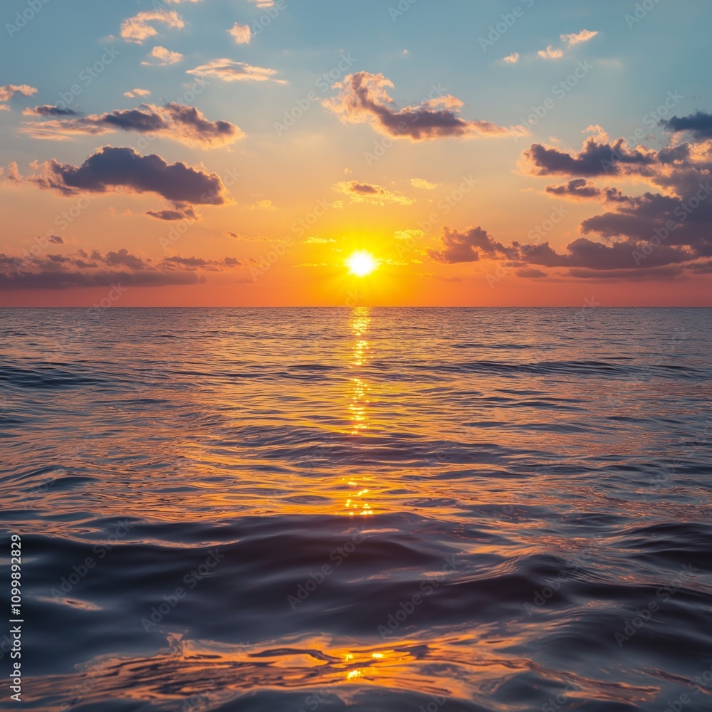Obraz premium The sun sets beautifully, casting shimmering reflections on the peaceful waves of the ocean surface.