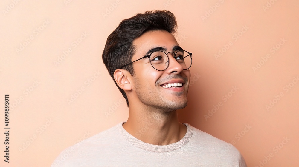 Obraz premium Young Hispanic Man with Glasses Smiling Against a Peach Background