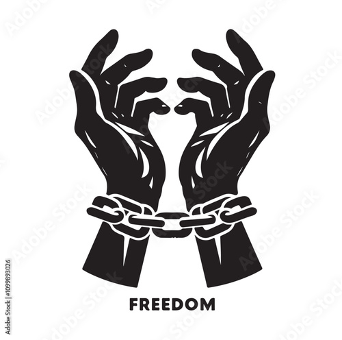 A pair of hands chained to a chain with the text words freedom. vector illustration.
