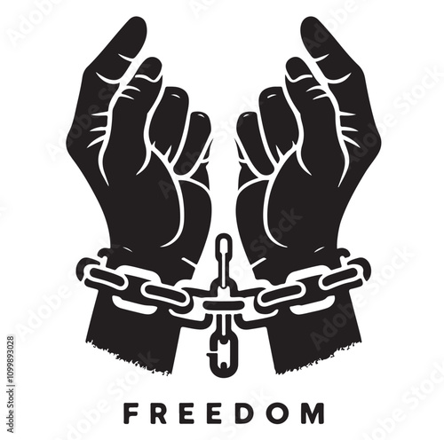 A pair of hands chained to a chain with the text words freedom. vector illustration.