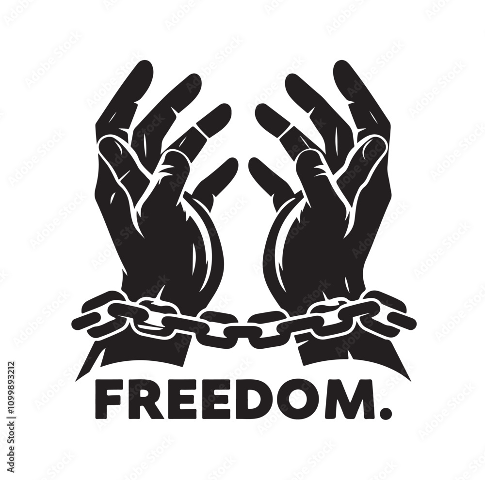 Obraz premium A pair of hands chained to a chain with the text words freedom. vector illustration.