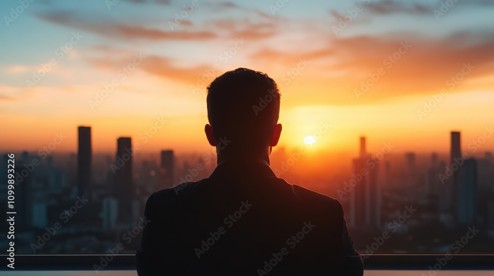 Fototapeta premium A man is standing on a balcony looking out at the city skyline