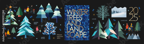 Winter trees and landscape. 2025. Vector abstract geometric triangle illustration of trees, snow, icons, mountains, landscape, glitter pattern for greeting card or poster. Happy New Year