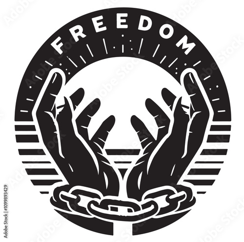 A pair of hands chained to a chain with the text words freedom. vector illustration.