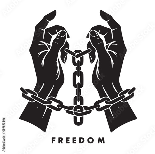 A pair of hands chained to a chain with the text words freedom. vector illustration.
