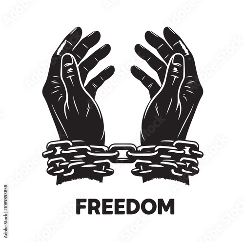 A pair of hands chained to a chain with the text words freedom. vector illustration.