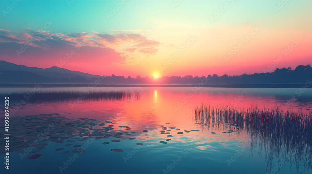 Fototapeta premium Vibrant sunrise over a tranquil landscape highlighting the beauty of nature with soft hues and peaceful scenery. Nature. Illustration