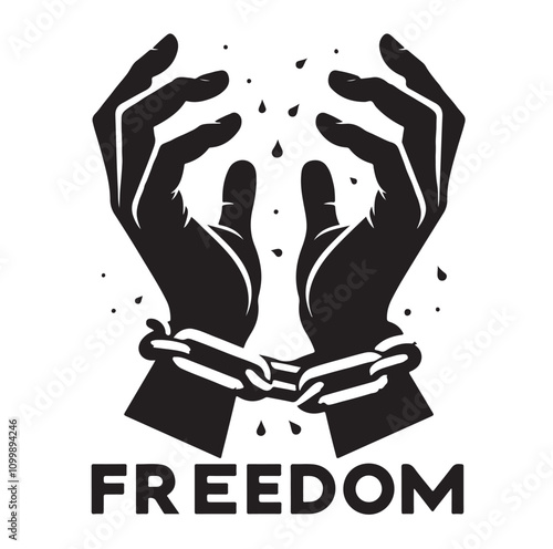 A pair of hands chained to a chain with the text words freedom. vector illustration.