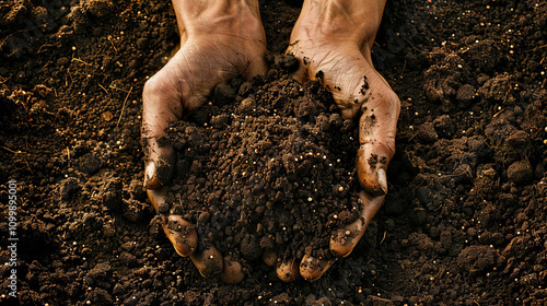 A close-up of hands planting seeds in rich, dark soil,