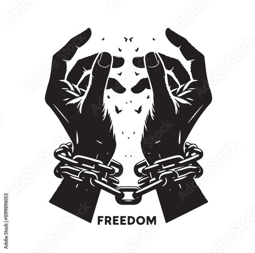 A pair of hands chained to a chain with the text words freedom. vector illustration.