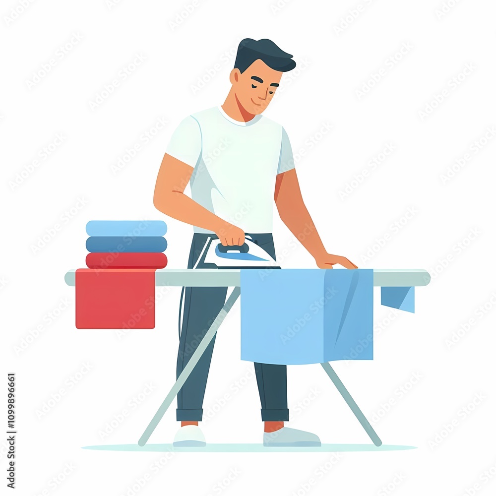 Fototapeta premium Flat Style Illustration of a Man Ironing Clothes, White Background