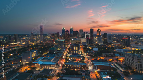 Wallpaper Mural An aerial view of a bustling city skyline at dusk, with lights starting to twinkle Torontodigital.ca