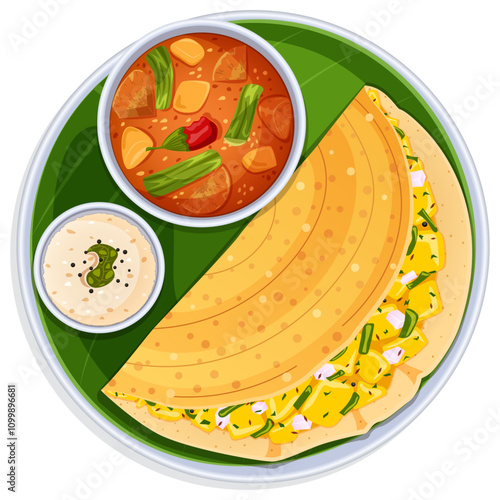 Masala Dosa Served with Sambar and Coconut Chutney on Banana Leaf in Thali. Top View South Indian Cuisine Illustration