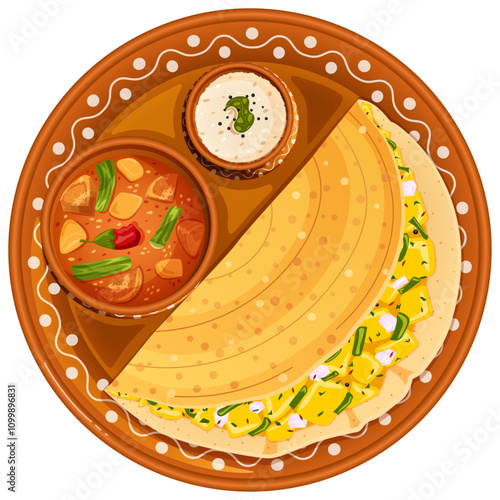 Masala Dosa with Sambar and Coconut Chutney Served in Earthen Thali and Pots. Top View Traditional South Indian Food Art 
