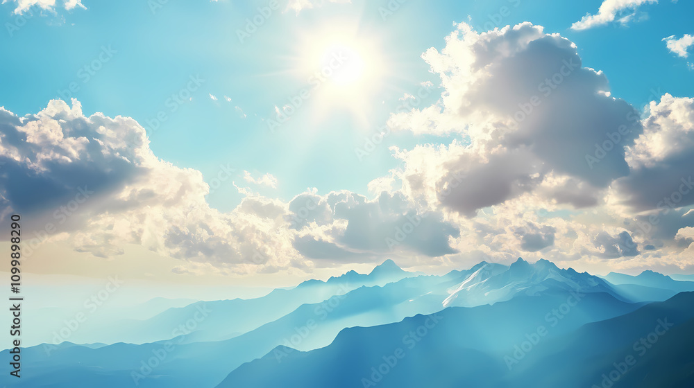 Obraz premium Morning mountain landscape with clouds and alpine panorama. Nature. Illustration