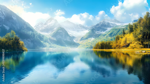 Mountain with blue lake nature landscape. ai generated image. Nature. Illustration