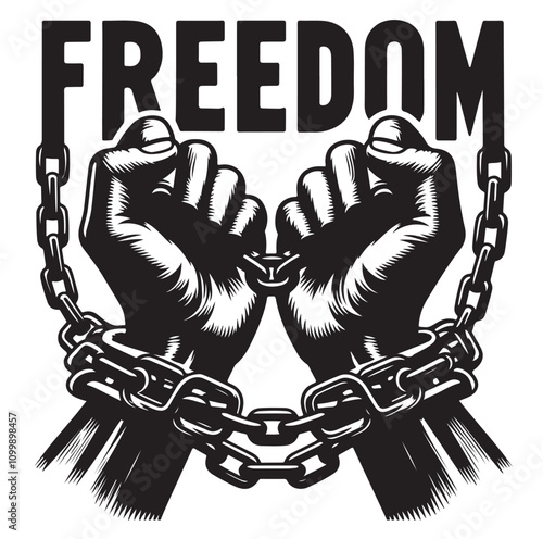 A pair of hands chained to a chain with the text words freedom. vector illustration.
