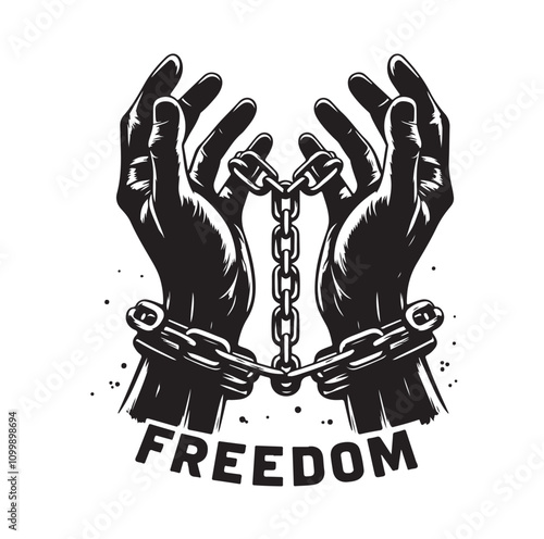 A pair of hands chained to a chain with the text words freedom. vector illustration.