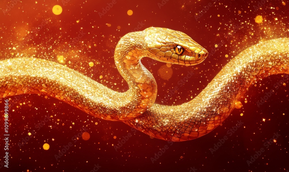 Obraz premium red background, golden flat snake illustration, glittery effect to spice up